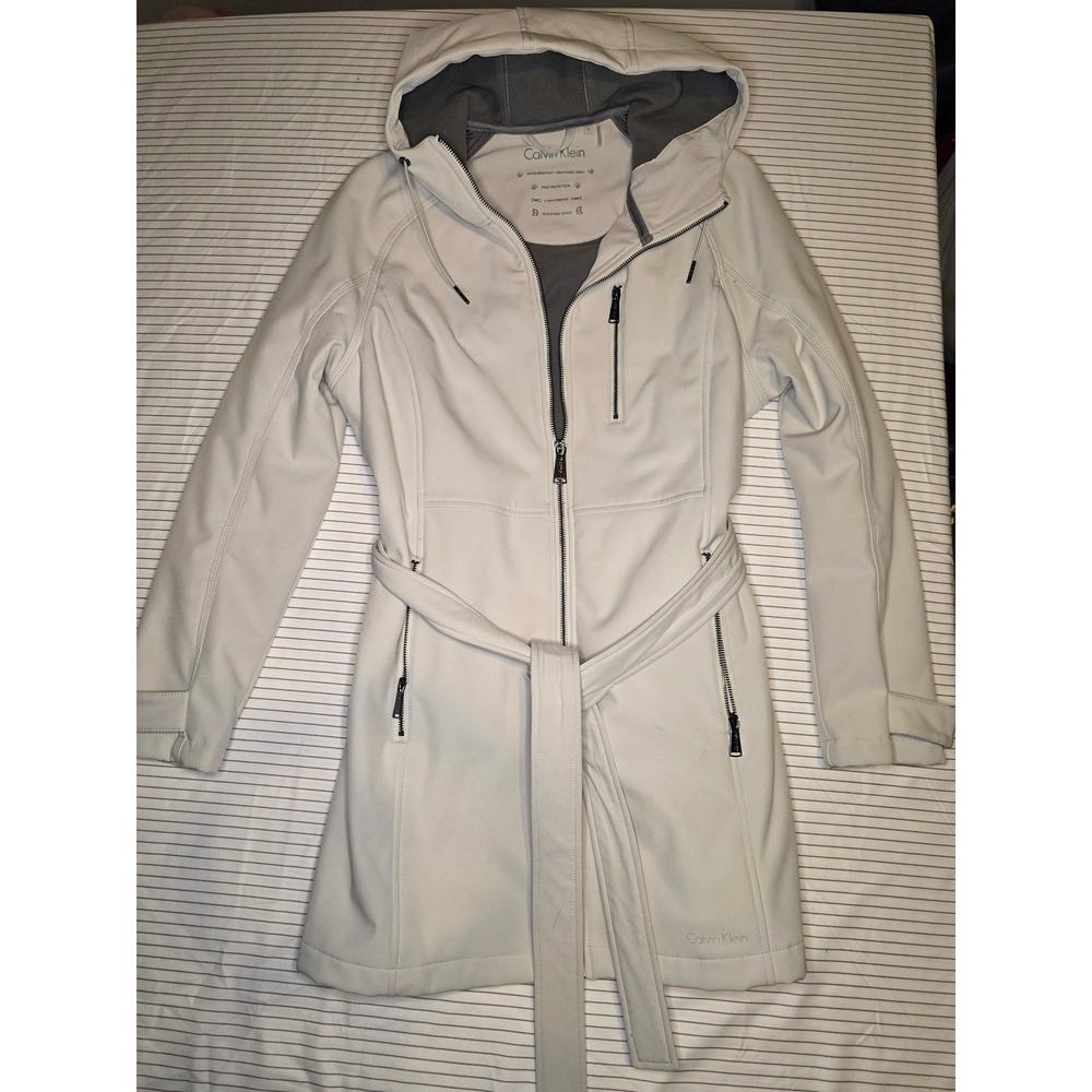1322 Calvin Klein Womens Softshell Hooded Belted Jacket Cream Wht Large RN54163